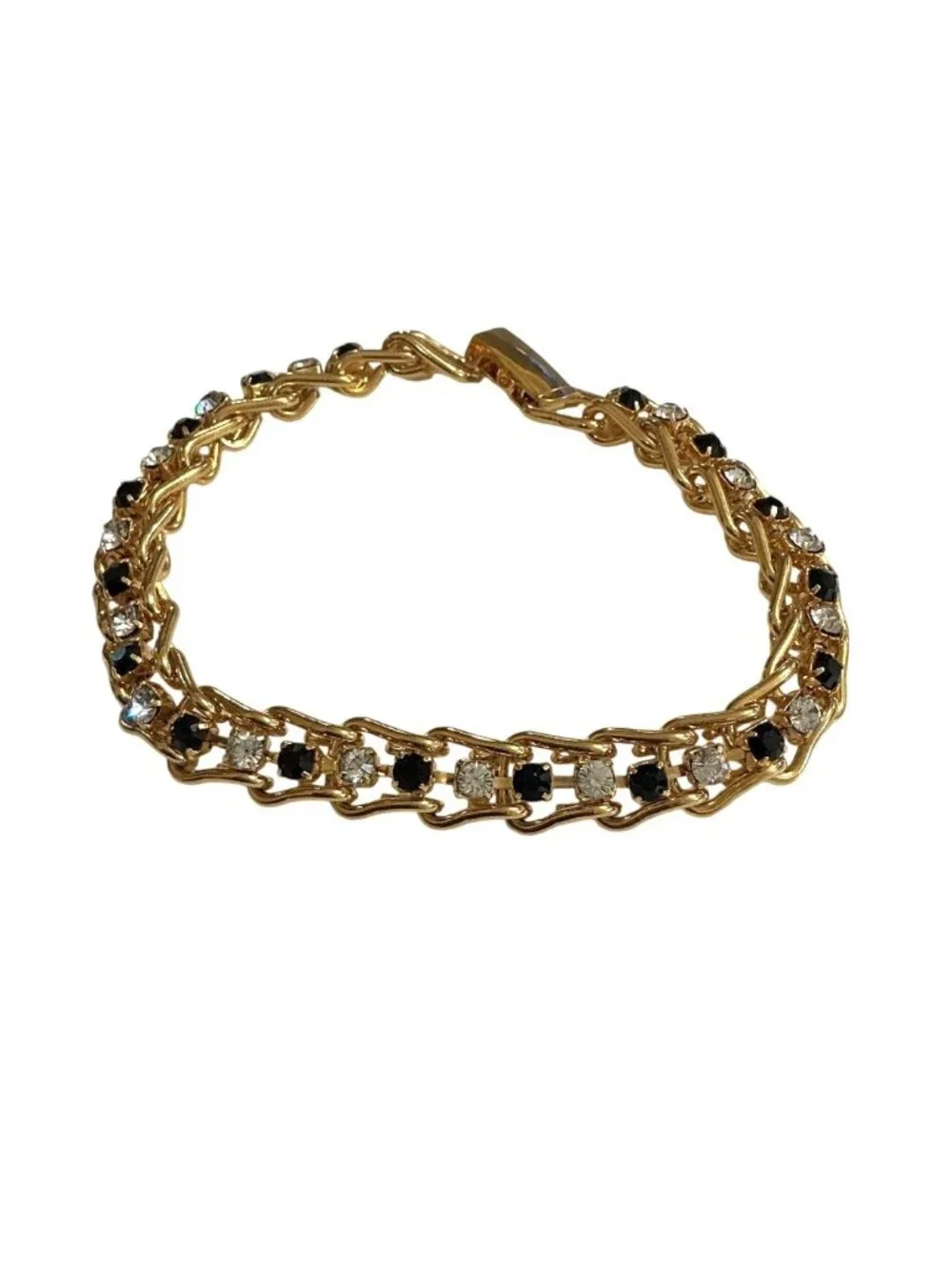 Vintage Gold Tennis Bracelet 7 Inch With Black & Clear Stones Retro Jewelry